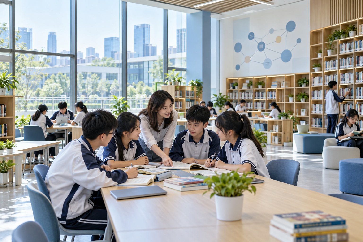 校园图书馆中师生协同学习，体现教育云平台服务，场景示意图