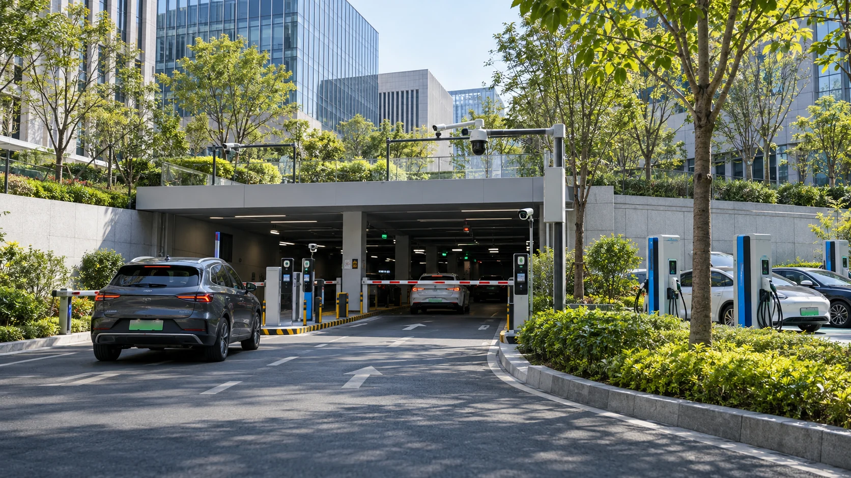 智慧停车项目 · 智能停车与充电设施场景，场景示意图