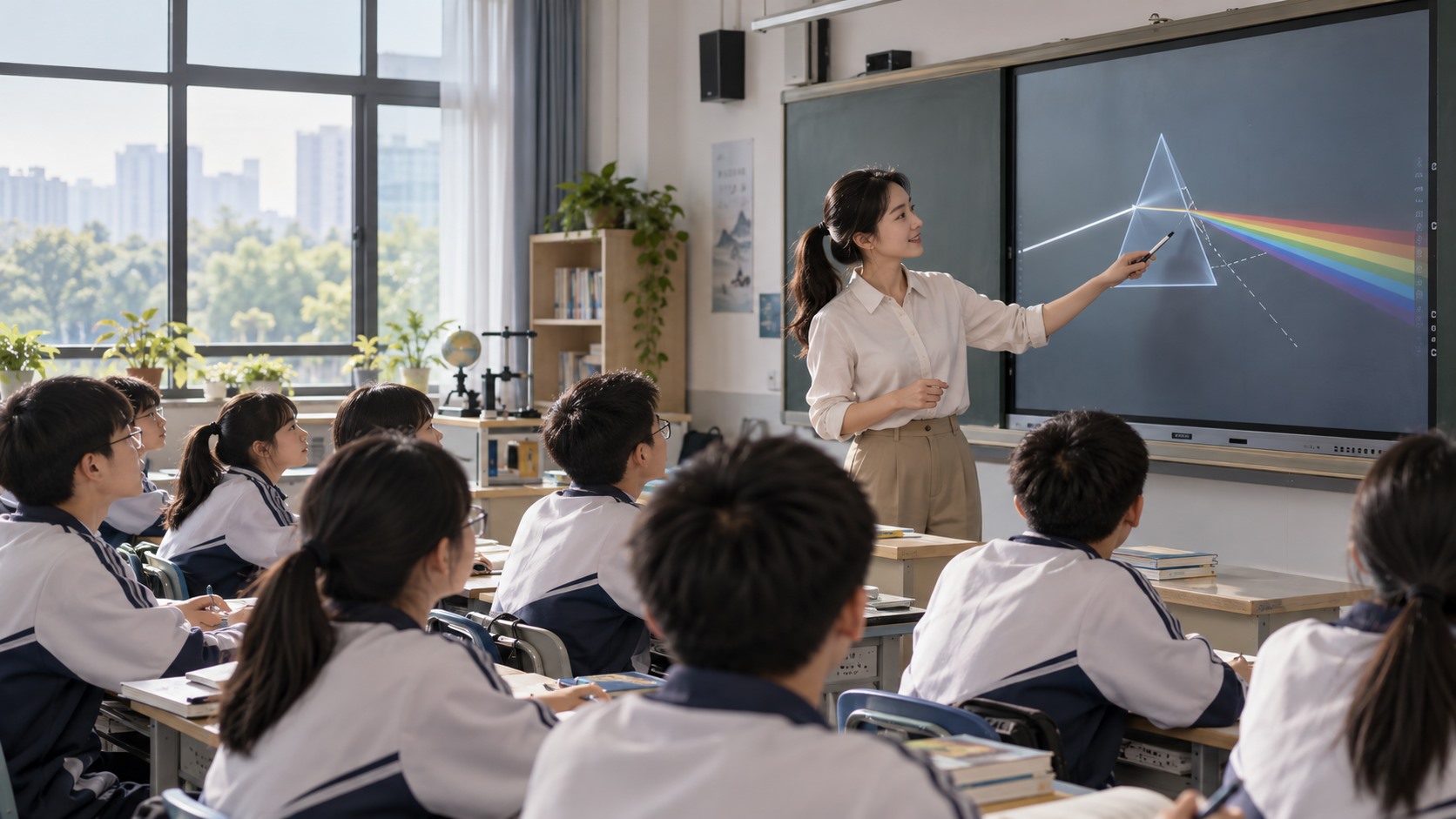 自然光教室中教师使用交互式地图屏授课，学生在课桌旁学习