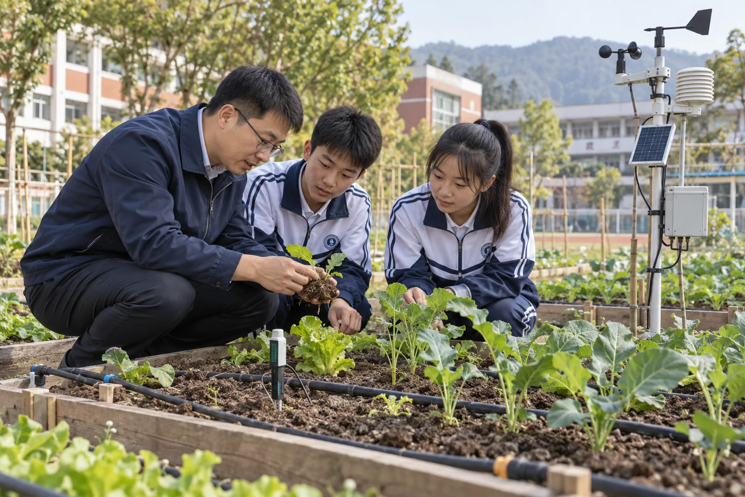 校园种植课中的土壤探头与小型气象站