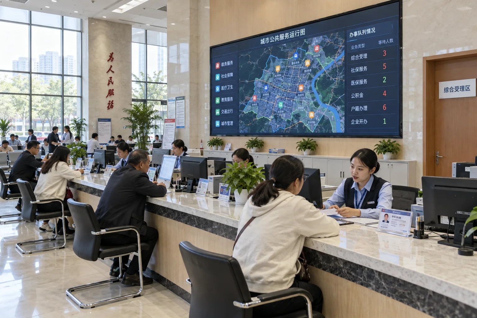 政务服务大厅中的公共服务运行地图与办事窗口