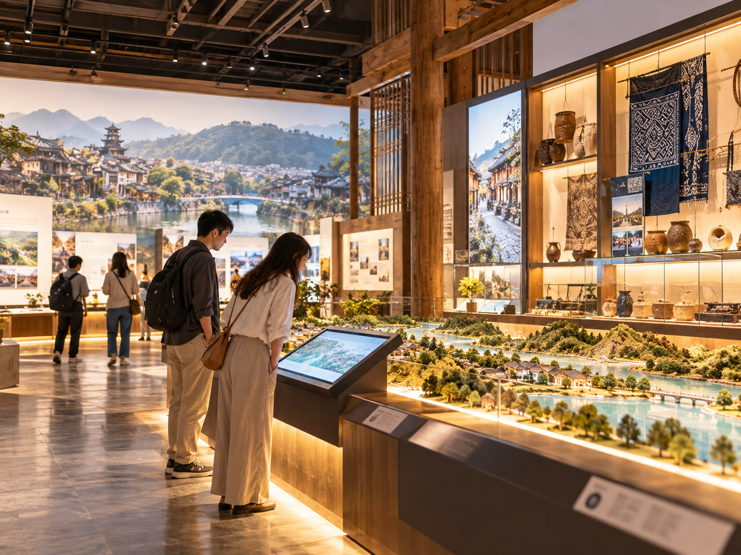 游客在文旅展陈空间中浏览地域文化展品与互动展示